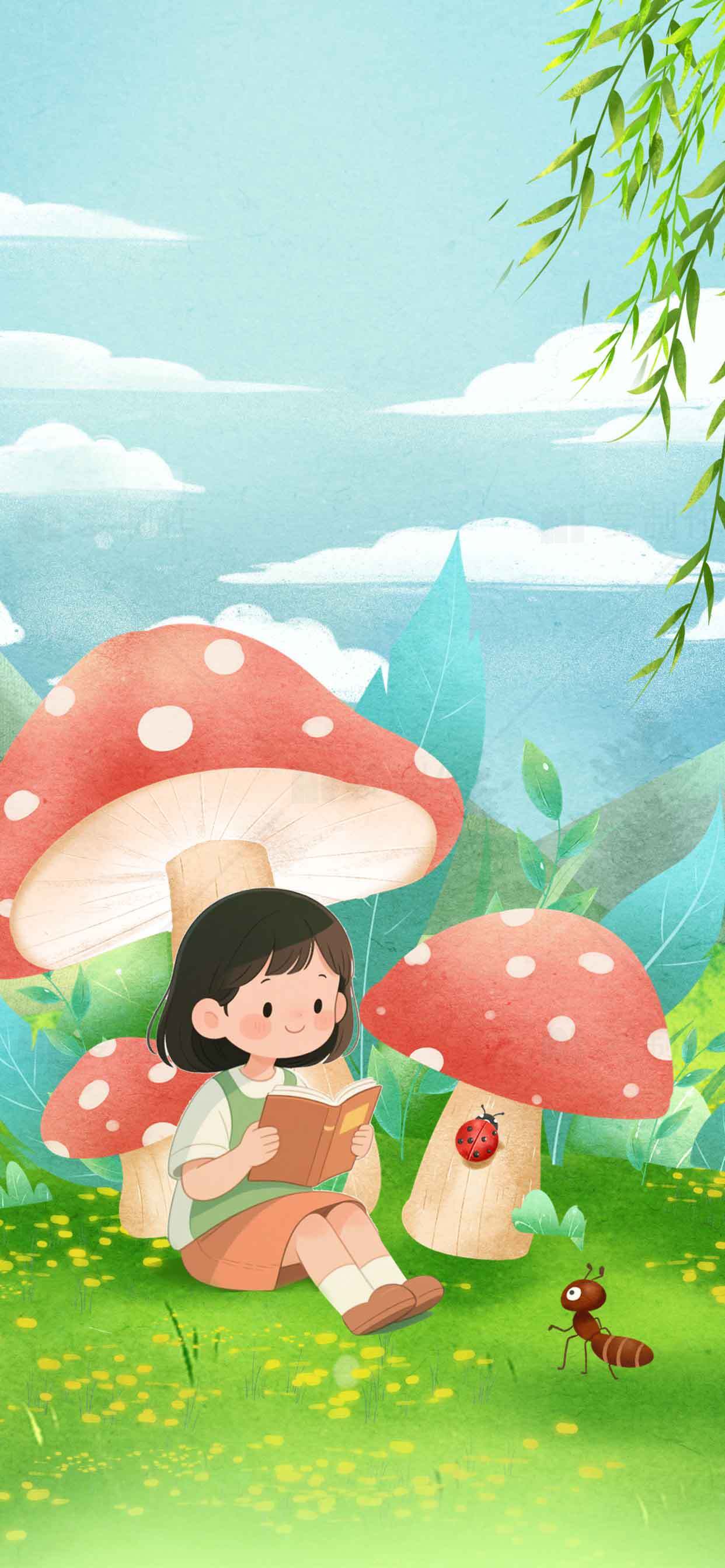 童趣森林蘑菇女孩插画素材