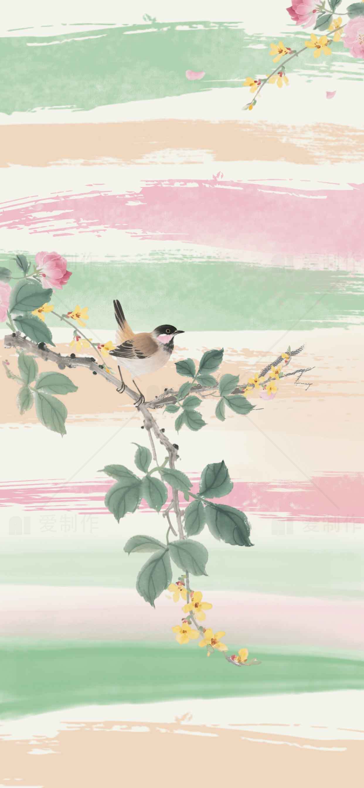 唯美手绘鸟与花枝背景图片素材