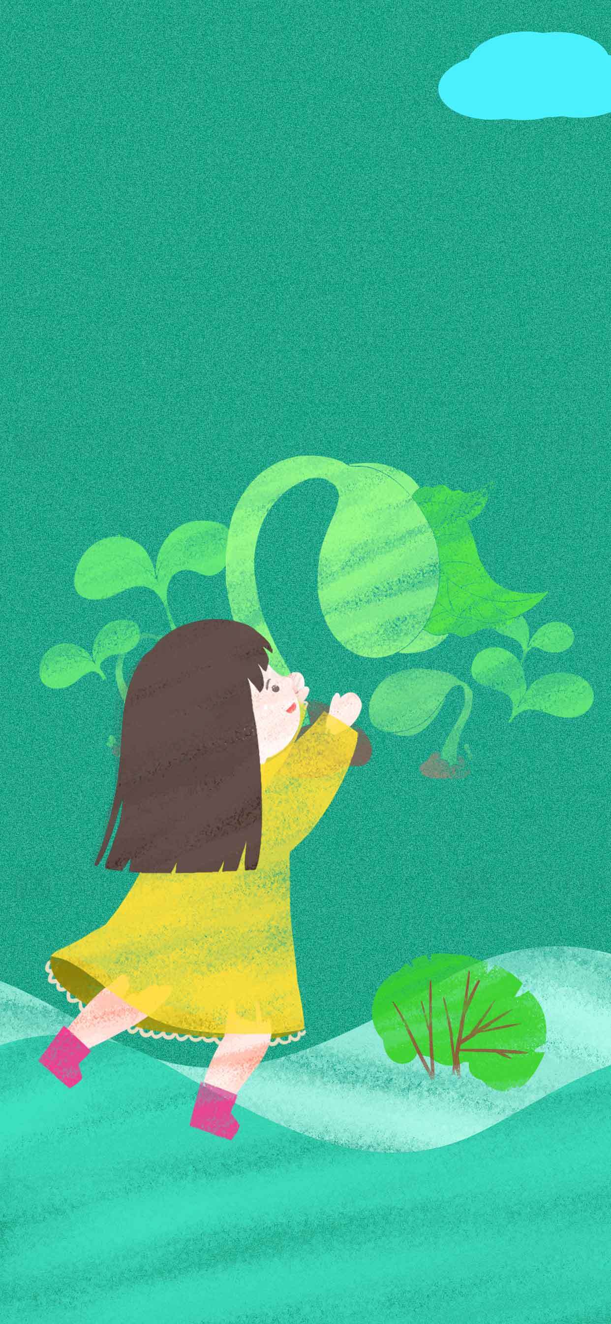 女孩与绿色植物的童趣插画素材