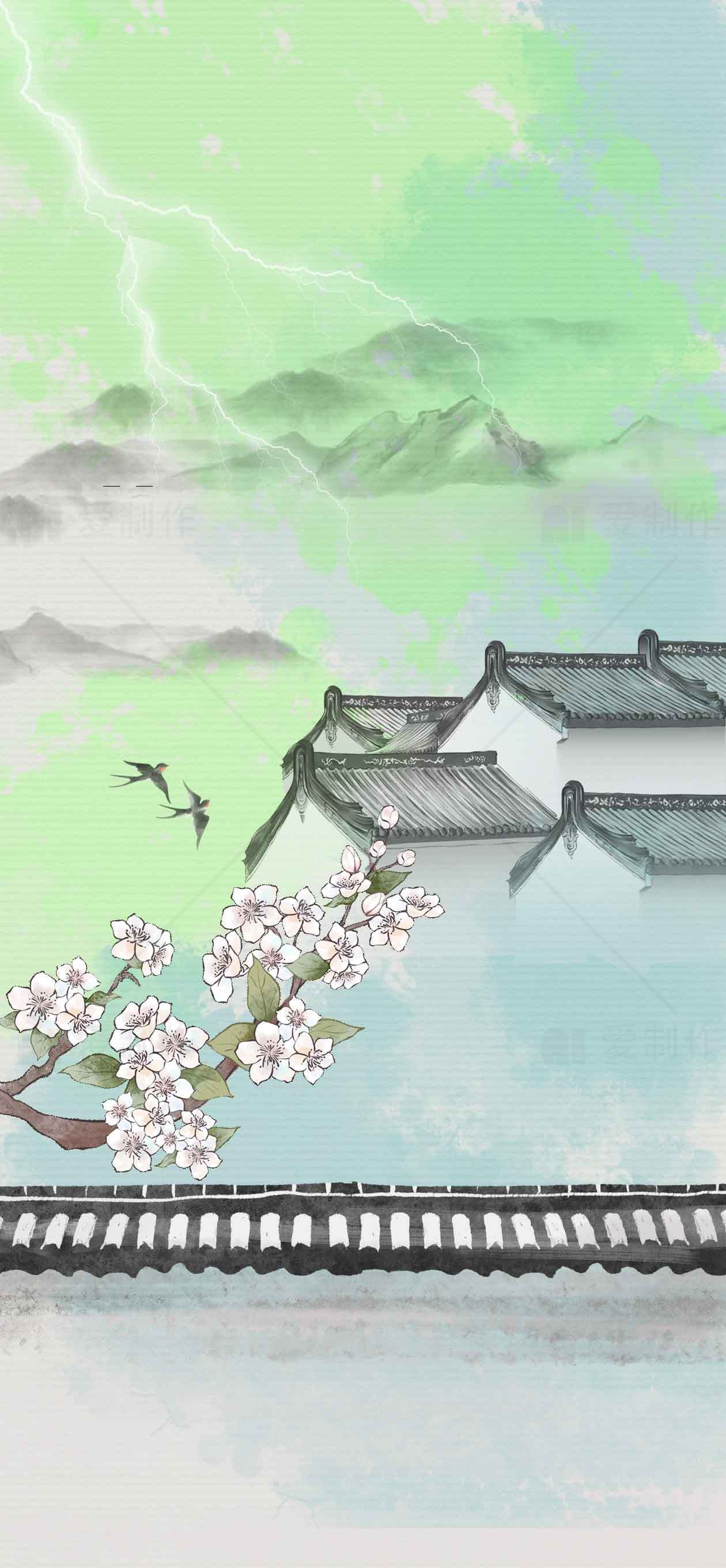 中国传统水墨画风景：春日庭院与山水美景素材