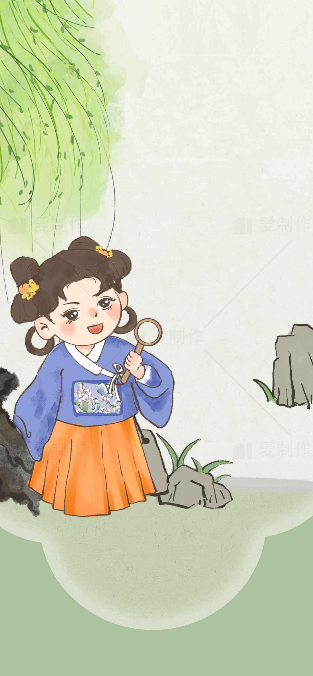 古风插画：手持风车的女孩与自然景色素材