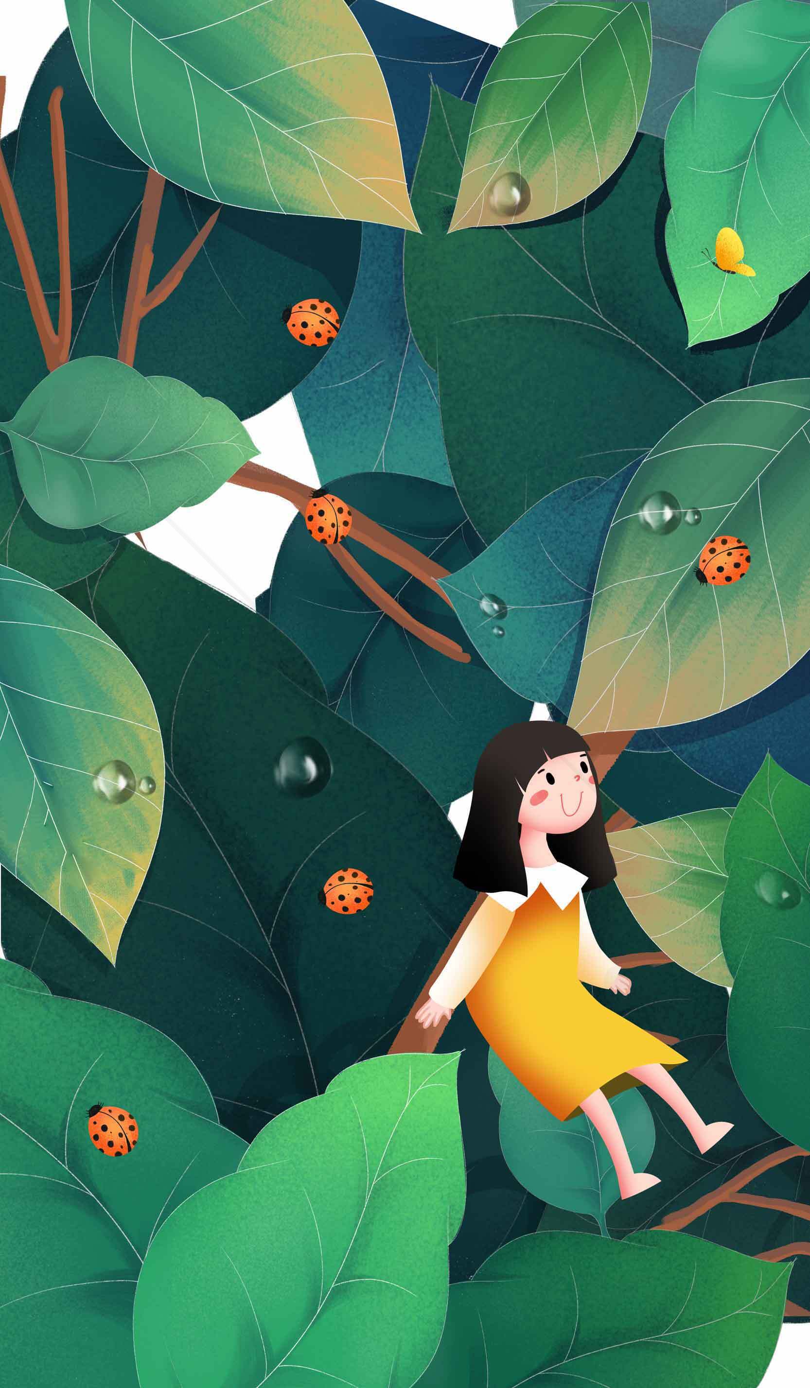 童趣森林插画：女孩与瓢虫的奇妙冒险素材