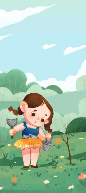 小女孩在草地上种树的卡通插画