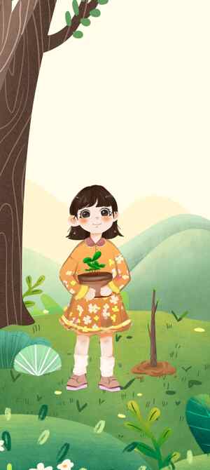 春日田园女孩插画背景