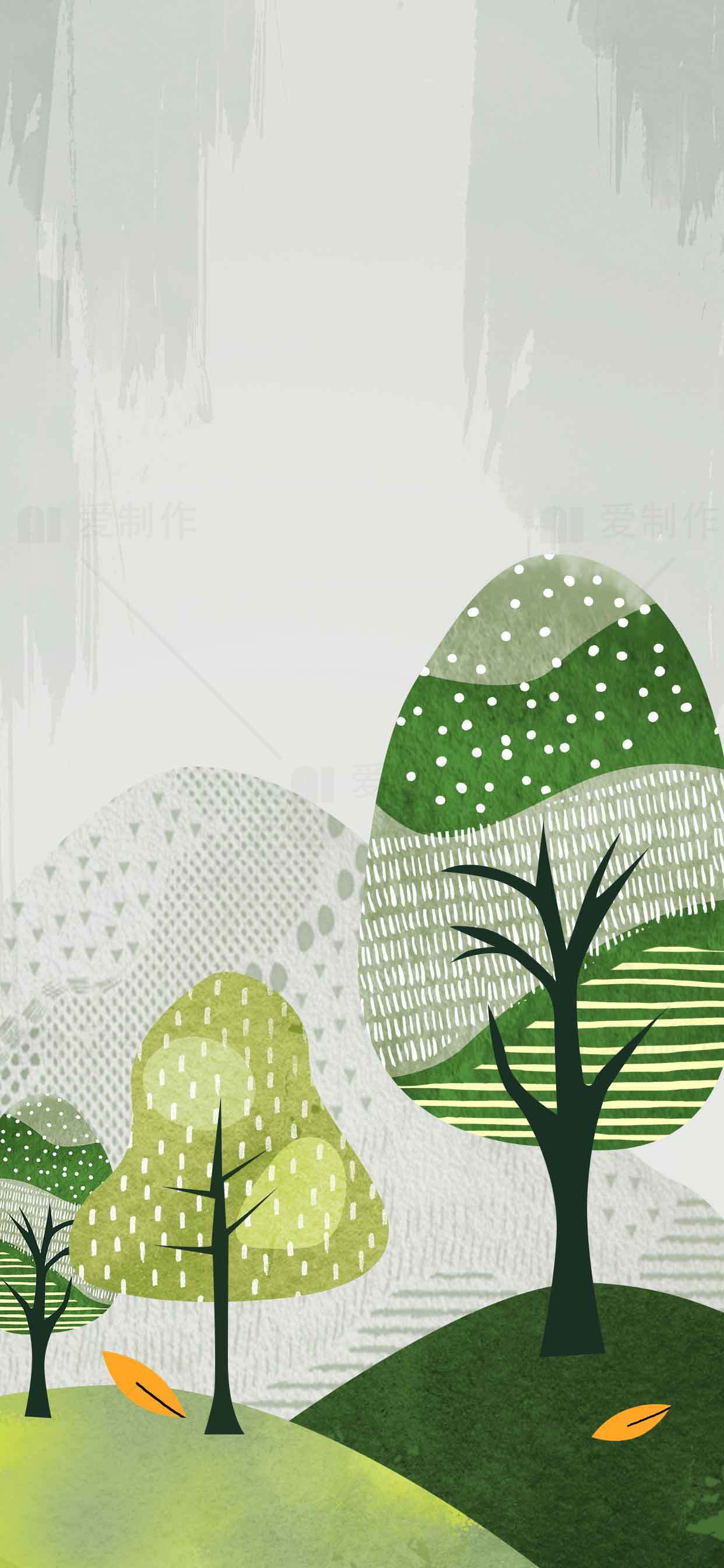 简约手绘风格绿色森林插画背景素材