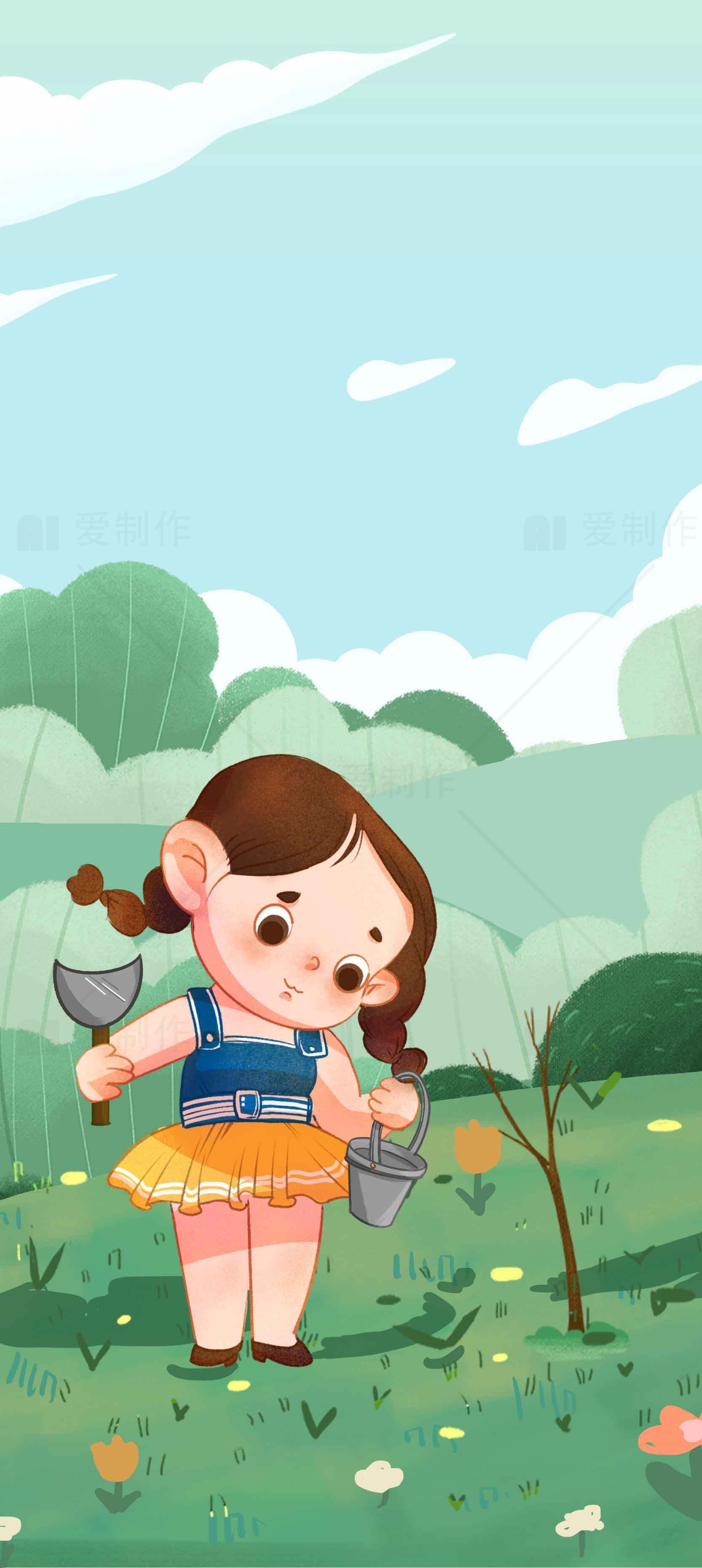 小女孩在草地上种树的卡通插画素材