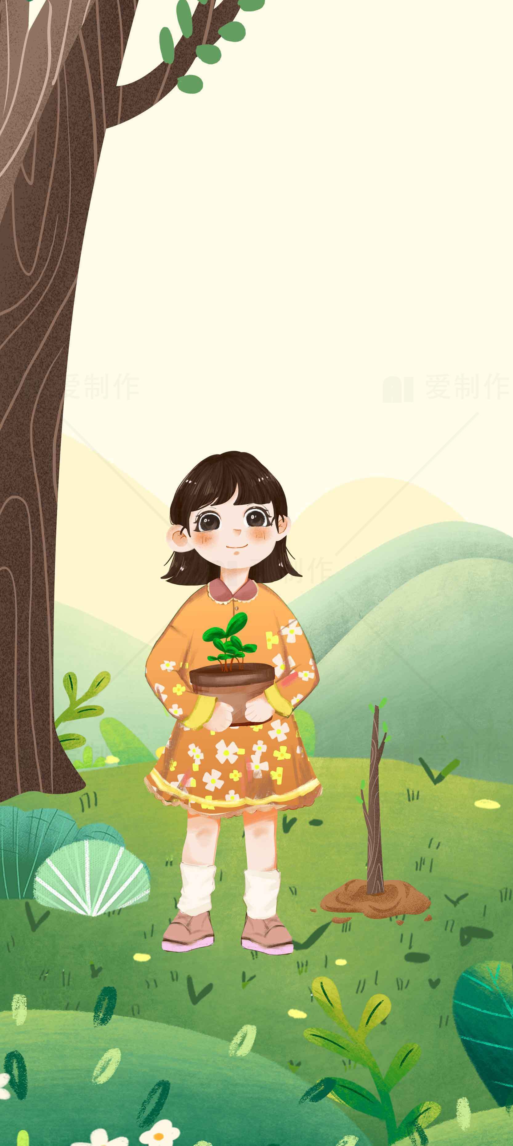 春日田园女孩插画背景素材