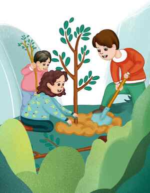 家庭植树活动插画 | 环保与自然保护