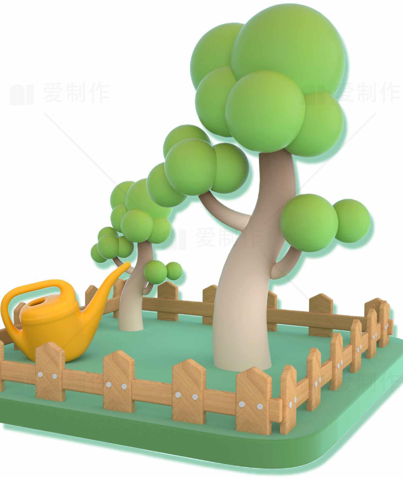 卡通风格的绿色庭院与浇水壶插画素材