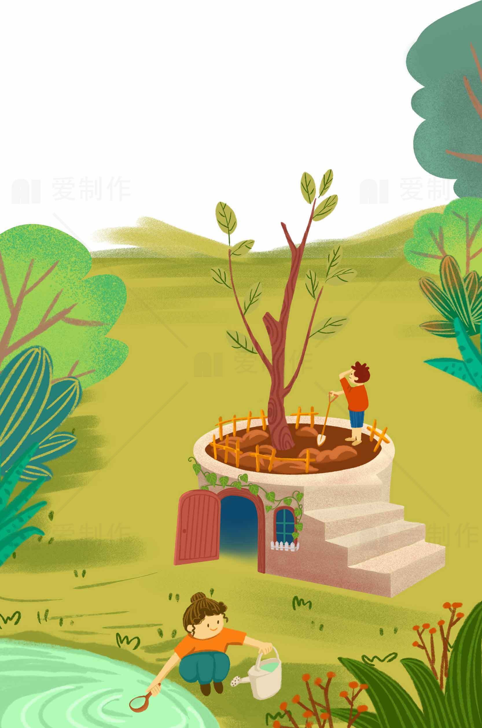 儿童自然教育插画：种树与探索素材