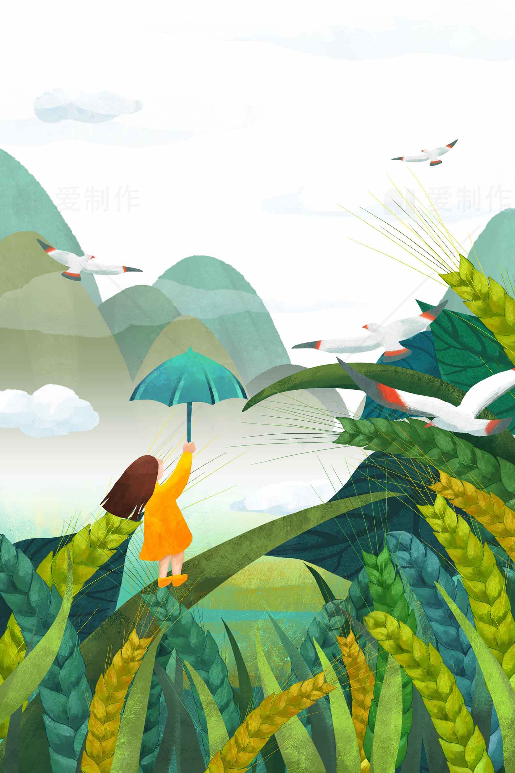 田园风光插画：女孩与自然的和谐之美素材