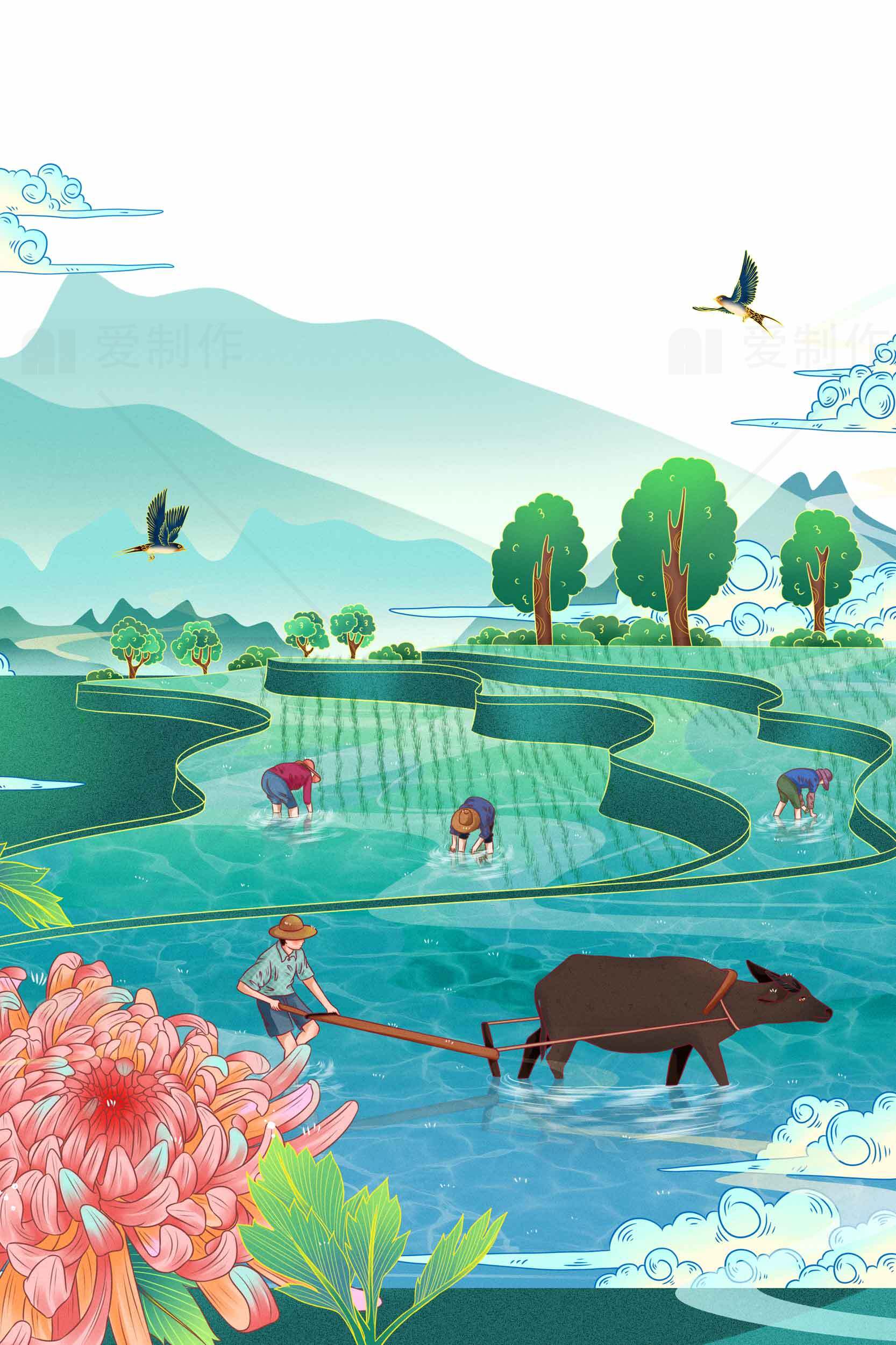 田园风光插画：水牛耕田与梯田美景素材