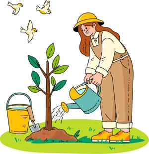 园艺插画：女孩浇灌小树苗的温馨场景
