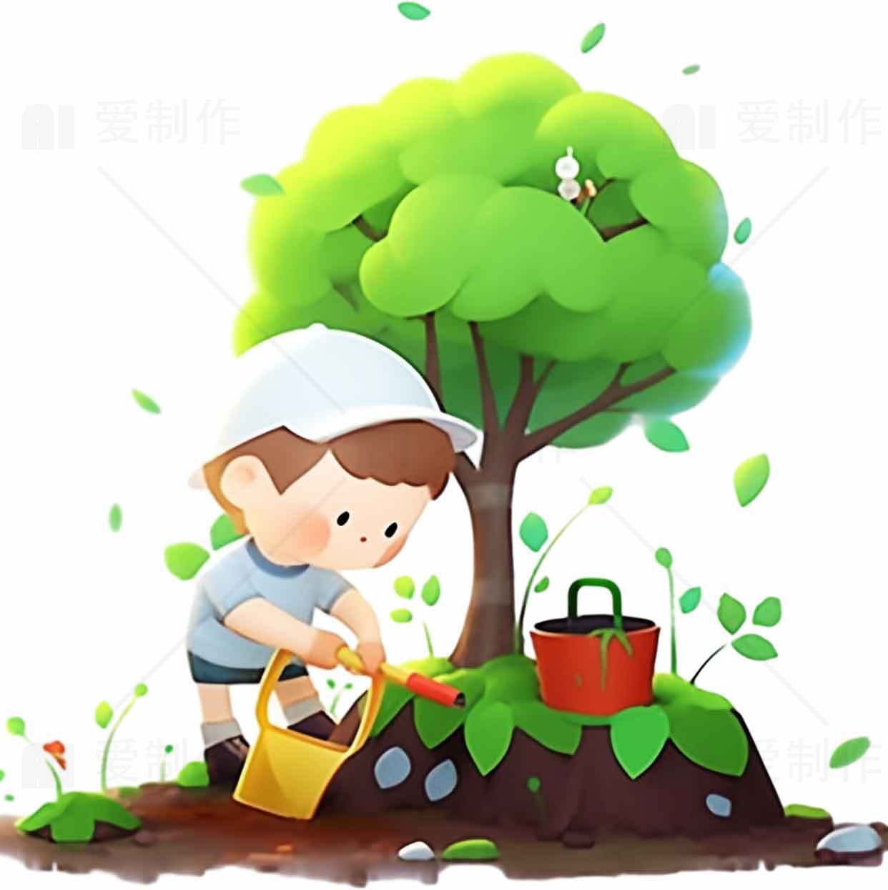 儿童浇水插画：自然与环保主题素材