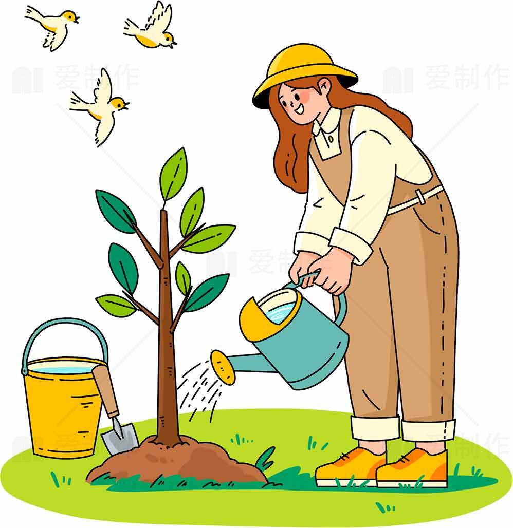 园艺插画：女孩浇灌小树苗的温馨场景素材
