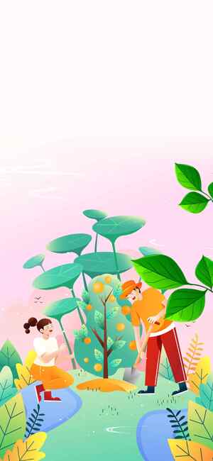 家庭园艺插画：父女种植果树的温馨场景