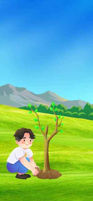 植树节环保插画：男孩种树守护绿色家园