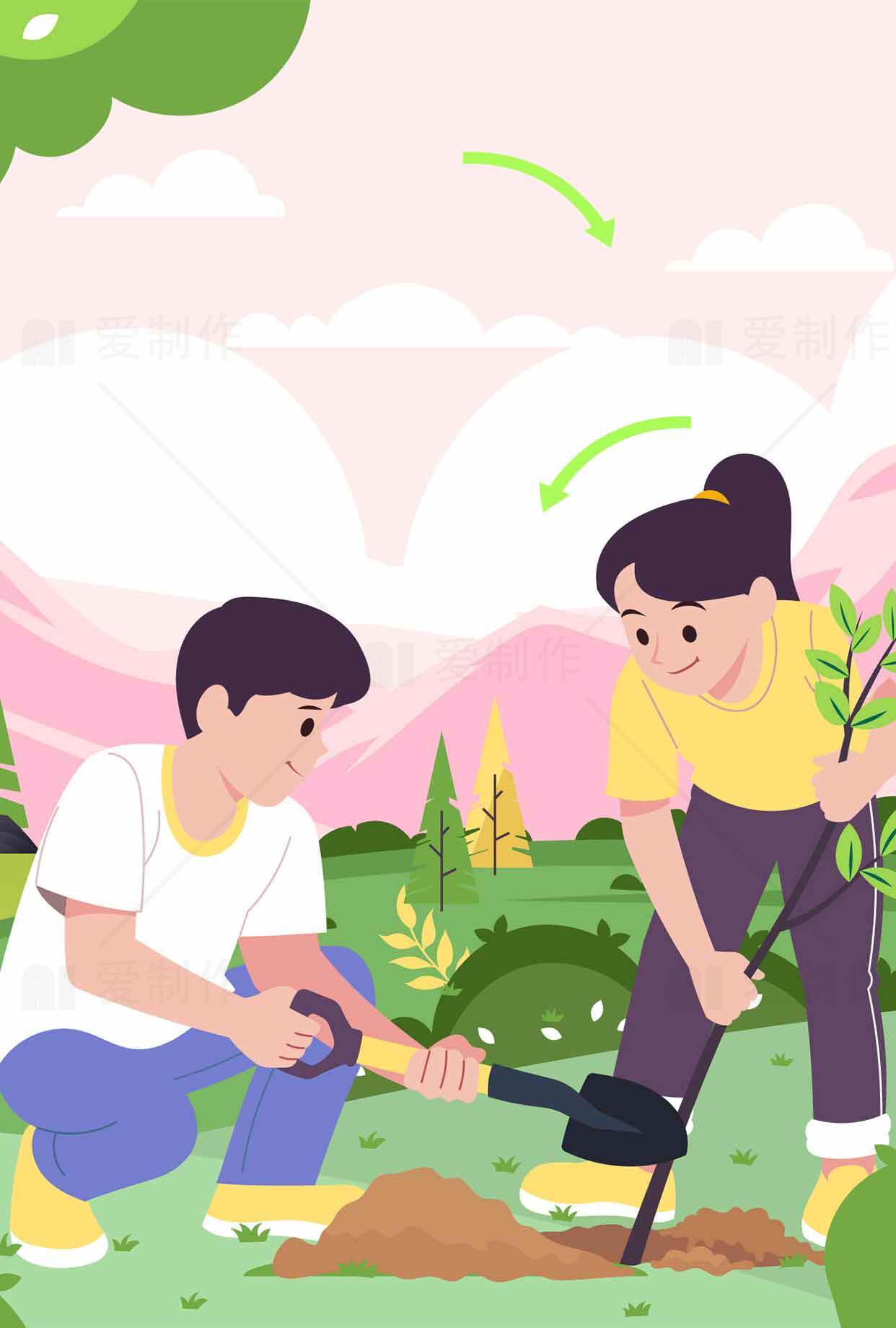 植树环保行动插画：共同守护绿色地球素材