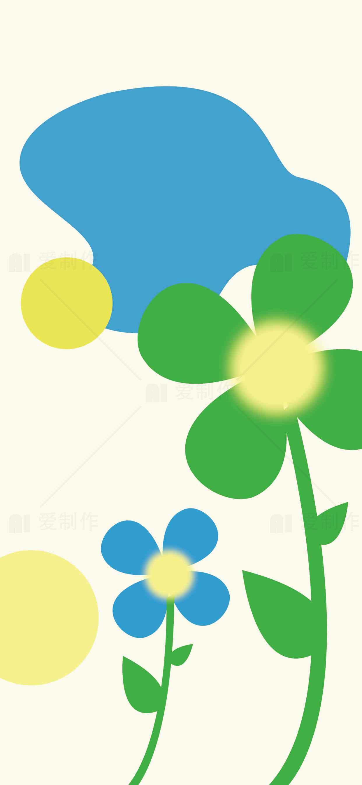 简约花卉插画设计：绿色与蓝色的自然之美素材