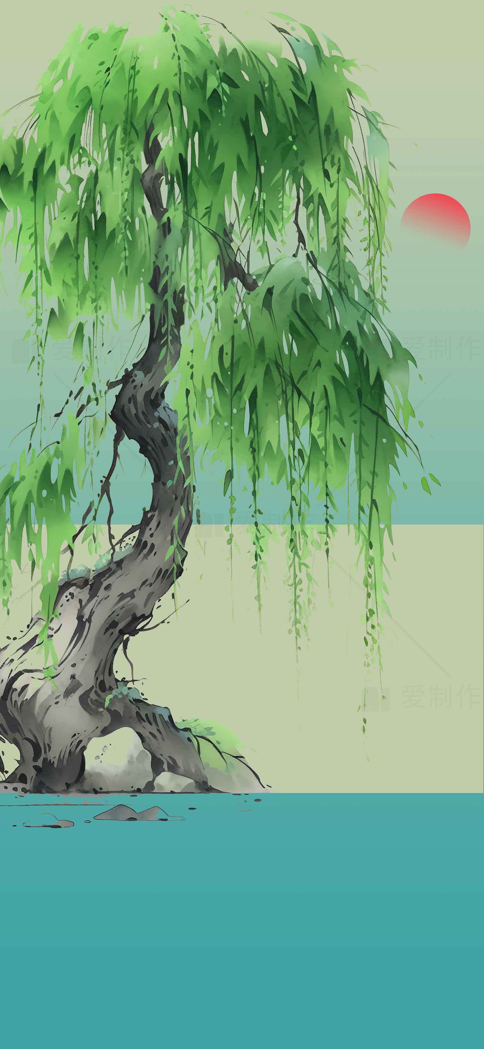 唯美柳树水墨画风景图片素材