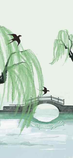 中国水墨画风景：柳树与桥的唯美意境