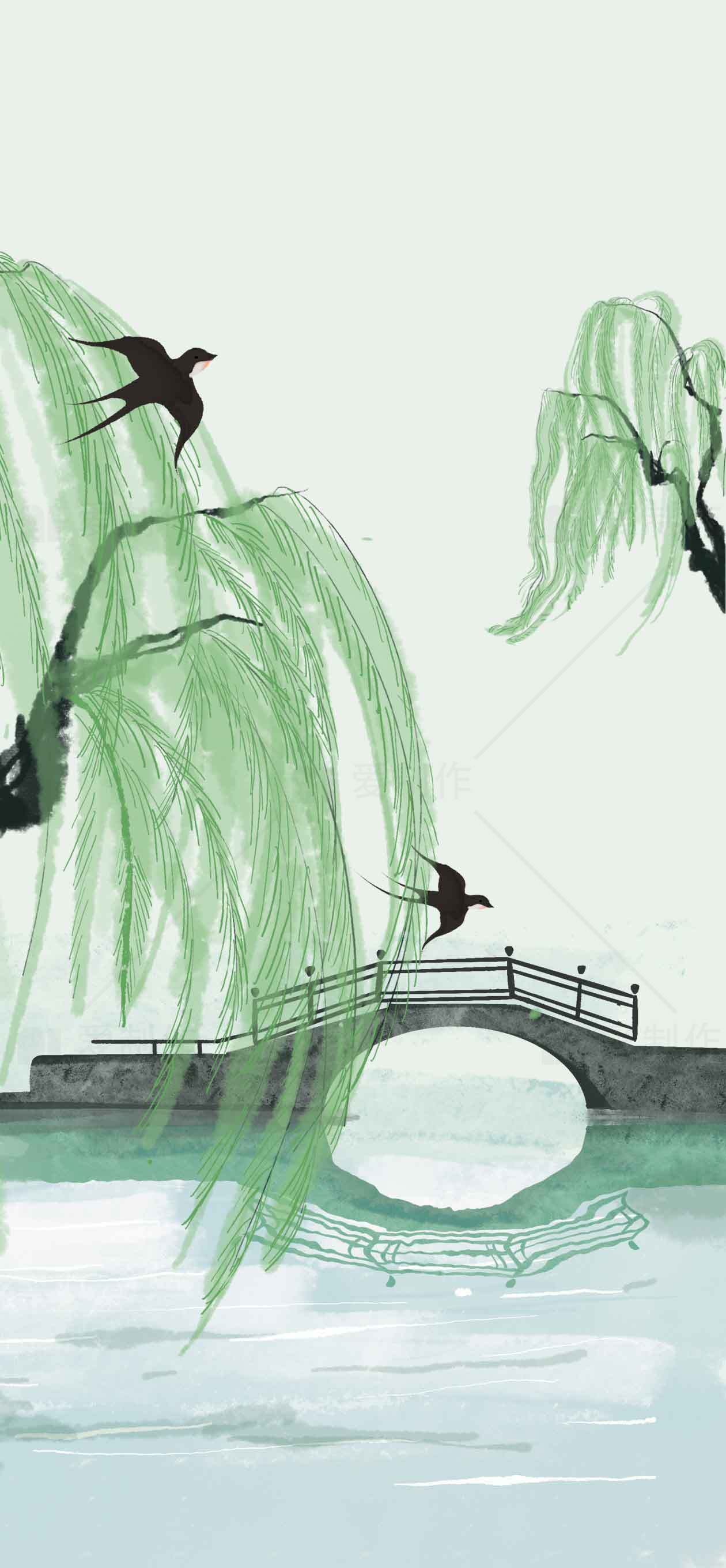 中国水墨画风景：柳树与桥的唯美意境素材