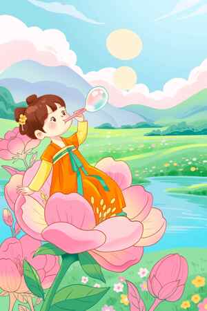 童趣田园风插画：女孩与花朵的梦幻场景