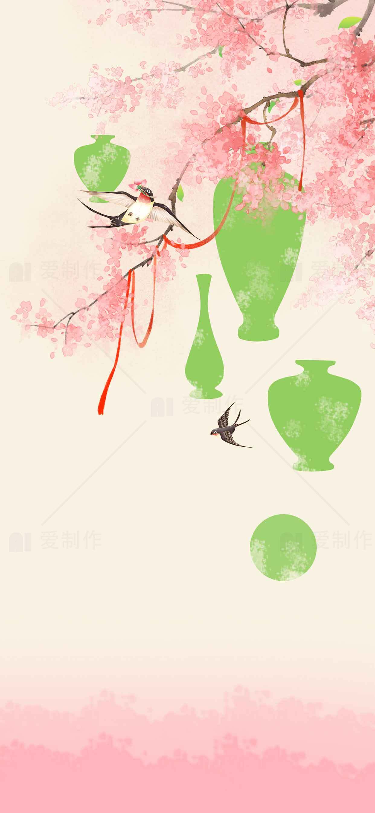 春日花鸟与青瓷插画背景图片素材