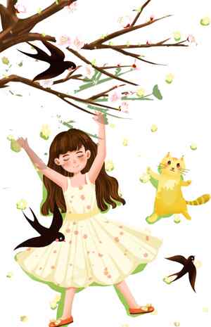 春日童趣插画：女孩与猫咪的温馨时光
