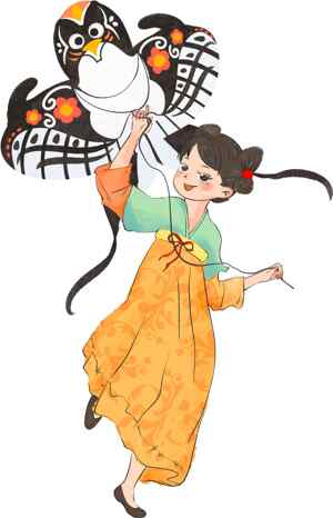 传统风筝与古风女子插画