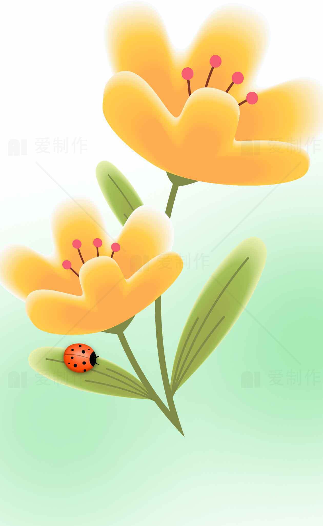 春日花卉与瓢虫插画设计素材