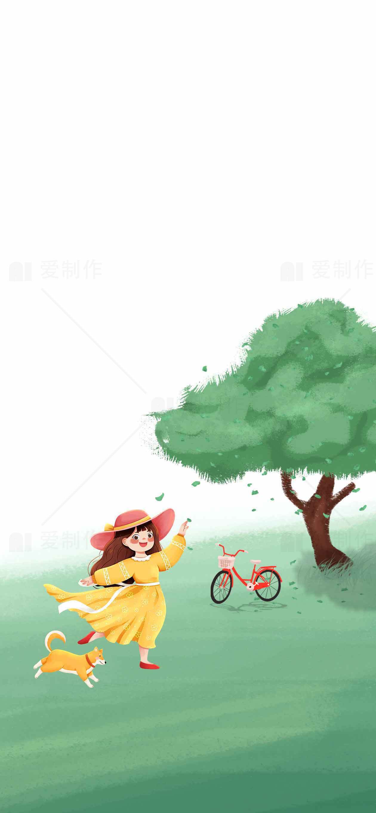 春日田园女孩与狗的悠闲时光插画素材