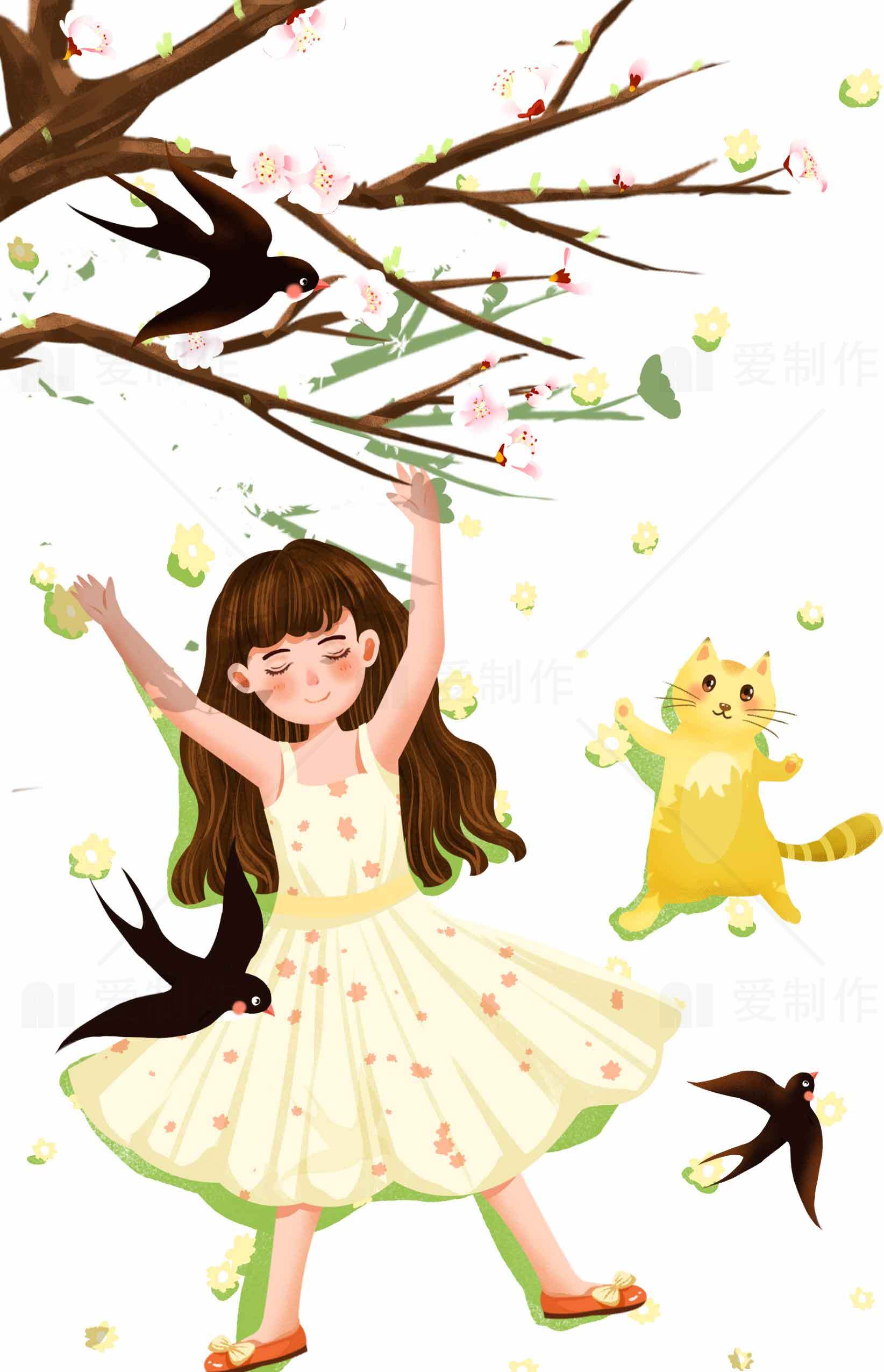 春日童趣插画：女孩与猫咪的温馨时光素材