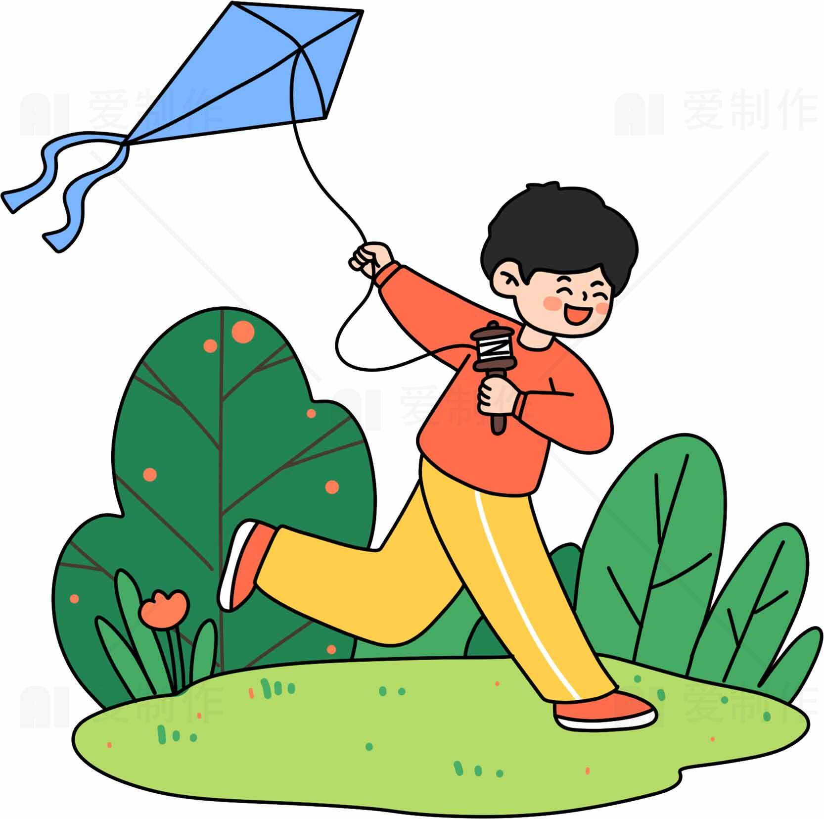 儿童放风筝的卡通插画图片素材