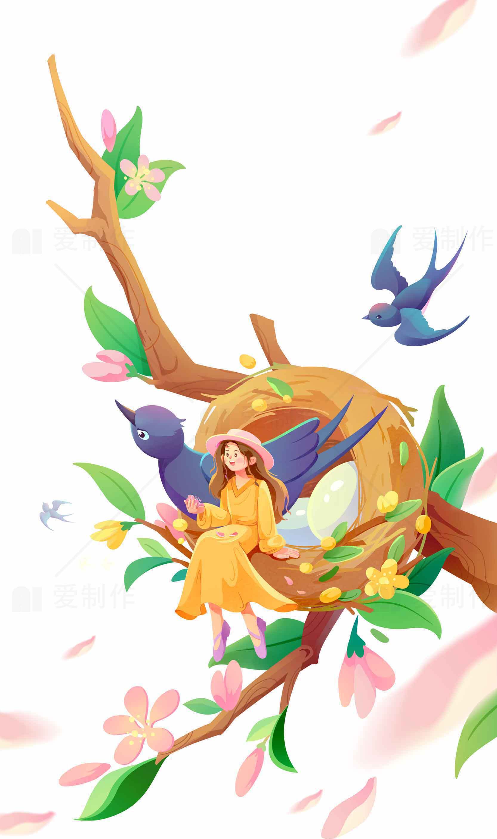 春日自然插画：女孩与鸟巢的温馨时光素材
