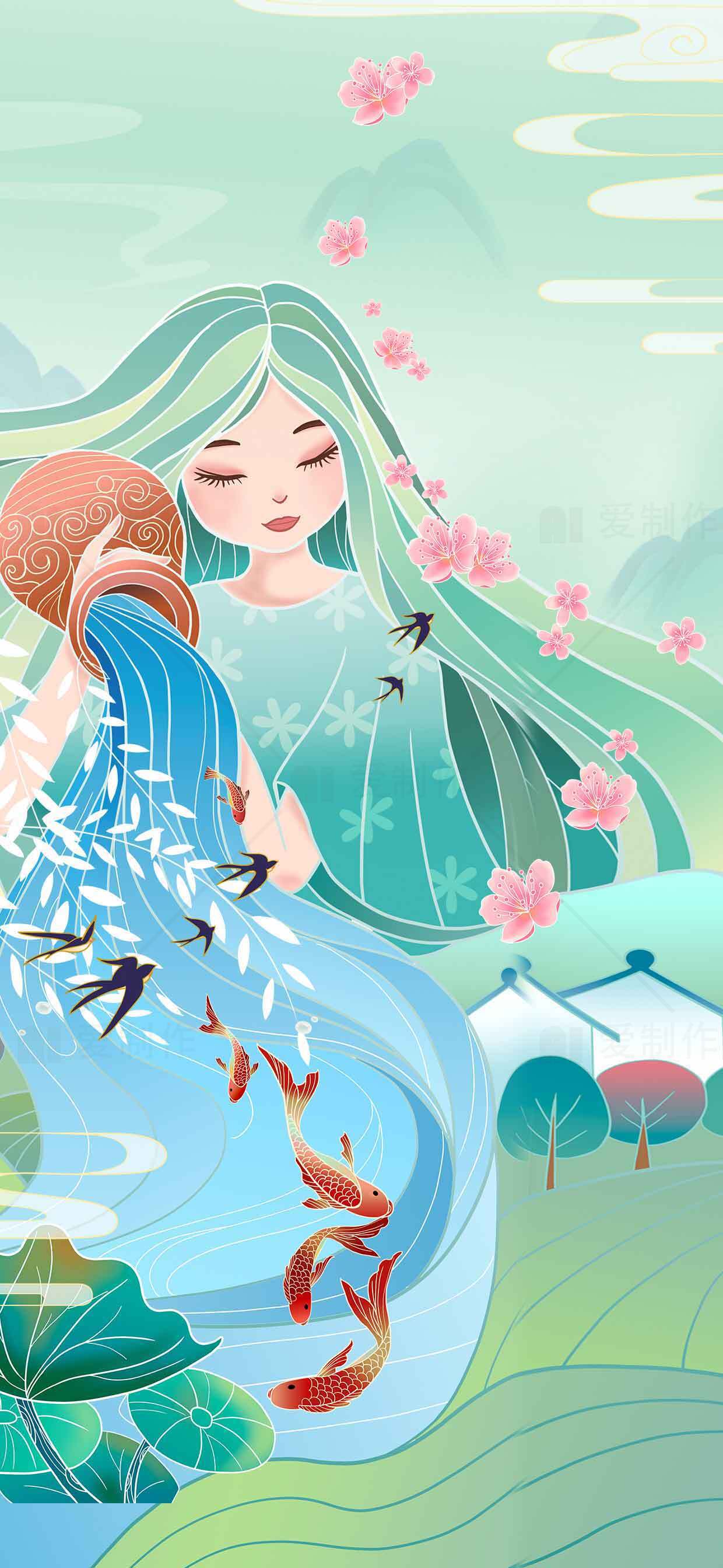 国风山水插画：锦鲤与春日风景素材