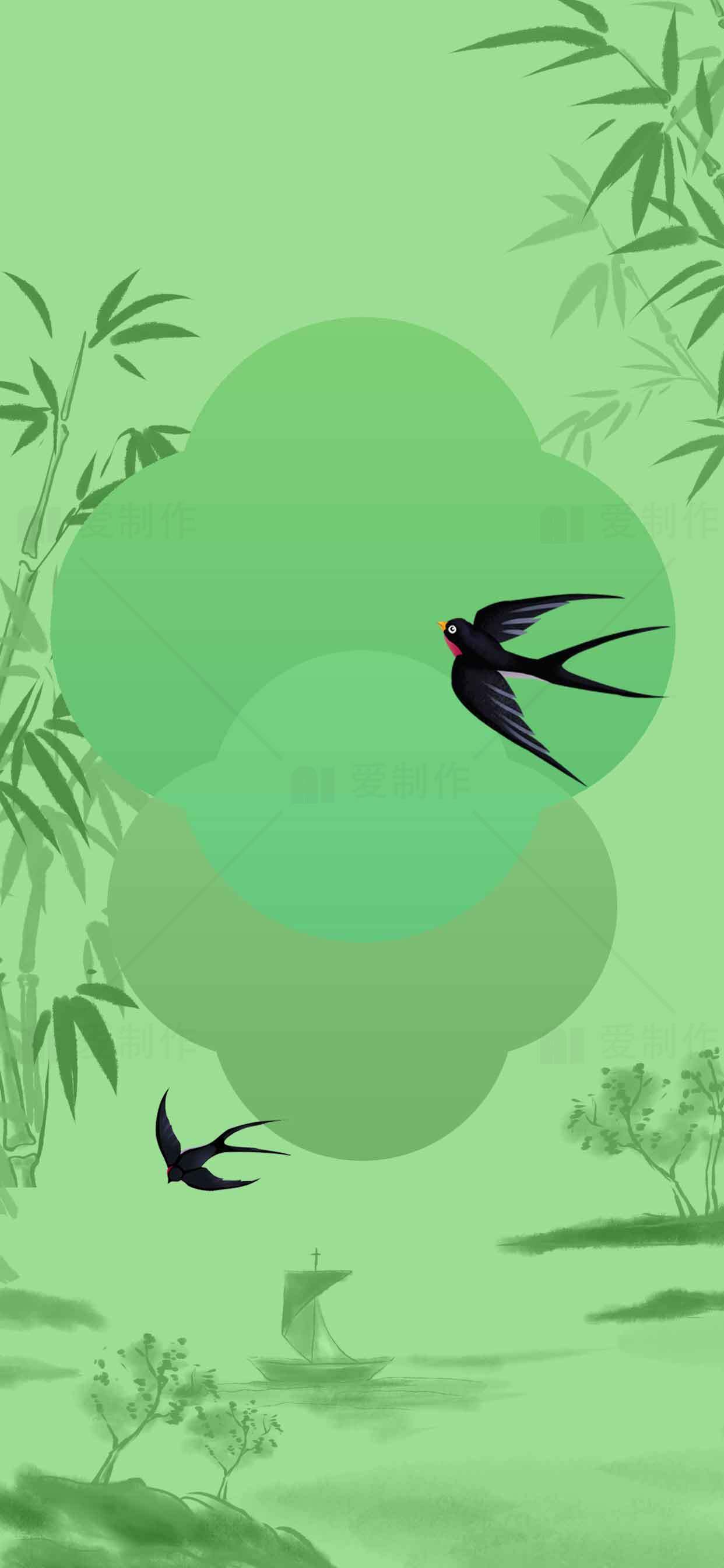 中国风绿色背景图片：竹子与飞燕意境素材