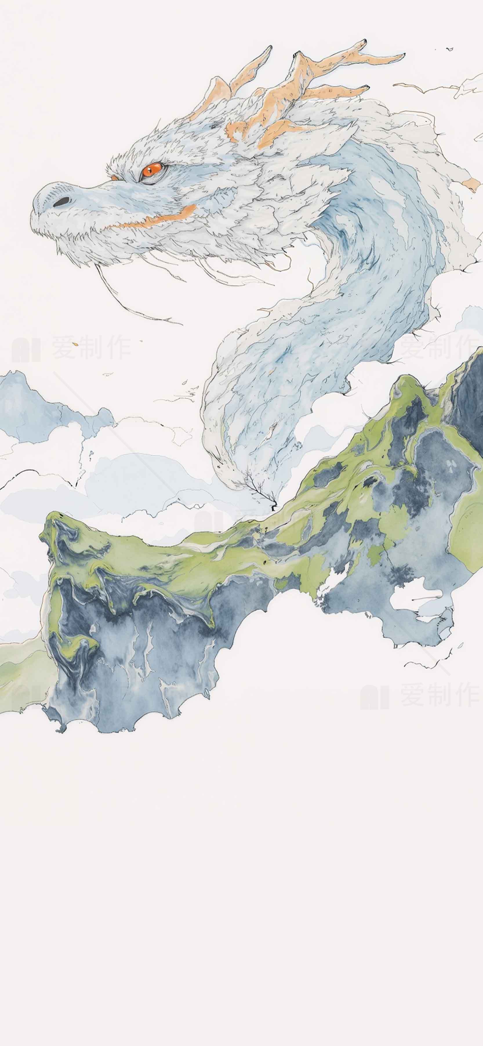 中国风水墨画龙与山峦插画素材