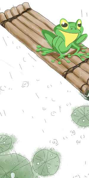 竹筏上的青蛙插画：清新自然的雨中场景