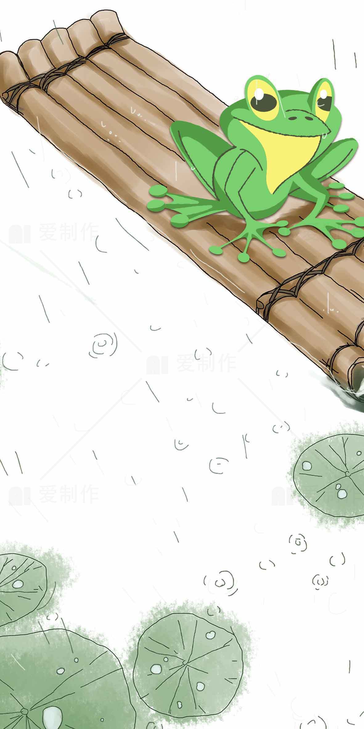 竹筏上的青蛙插画：清新自然的雨中场景素材