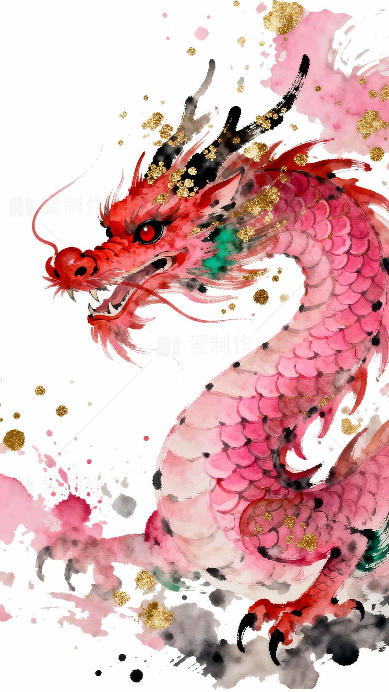 中国传统水墨红龙艺术插画素材