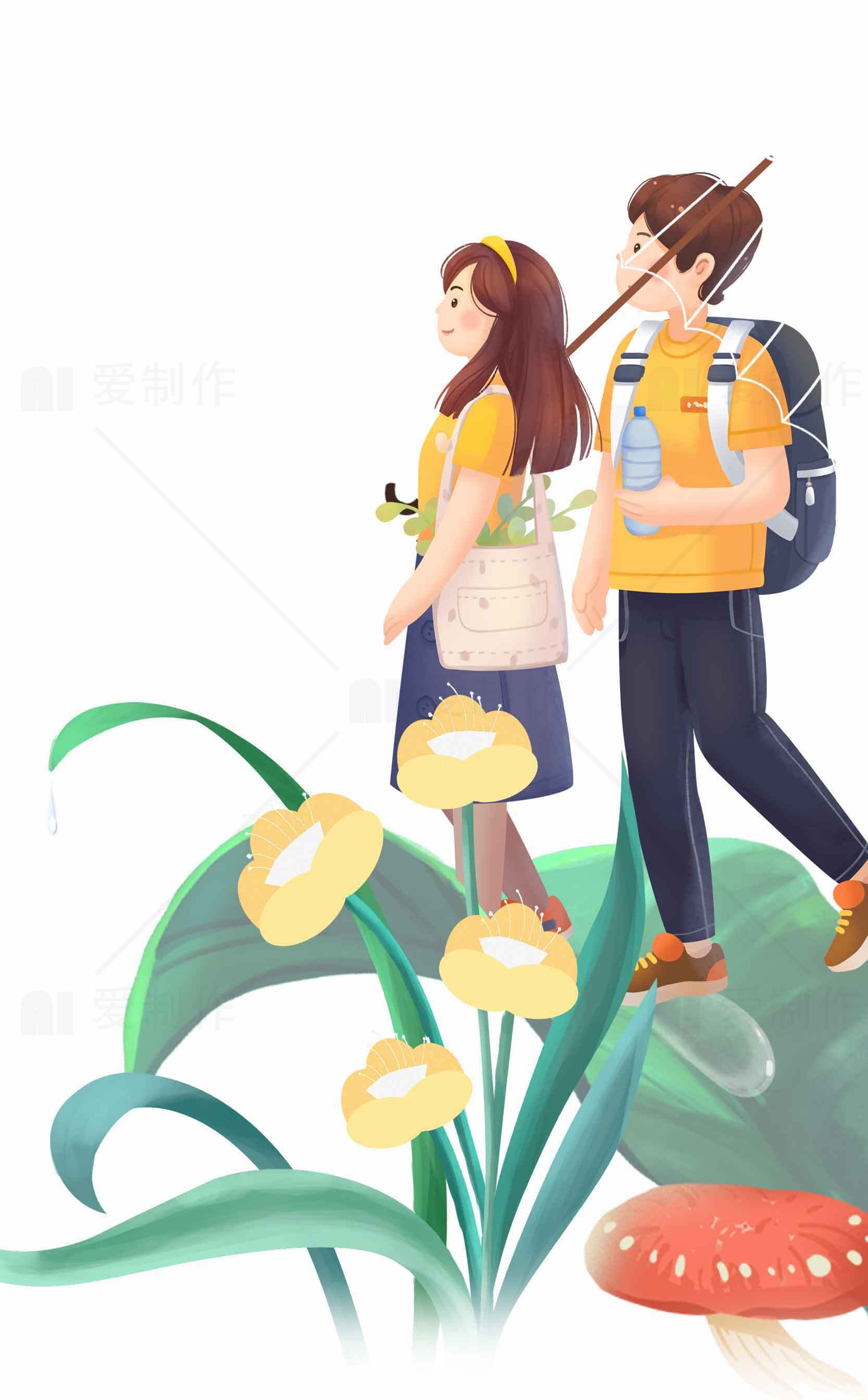 森林徒步旅行插画：自然与冒险的完美结合素材