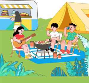 户外露营烧烤与音乐休闲场景插画