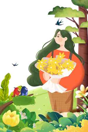 春日田园风插画：女孩与花束的自然之美