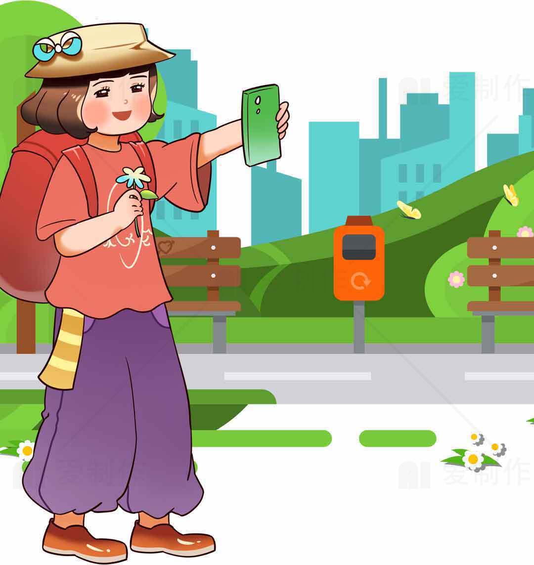 城市公园自拍插画：休闲与自然的完美结合素材