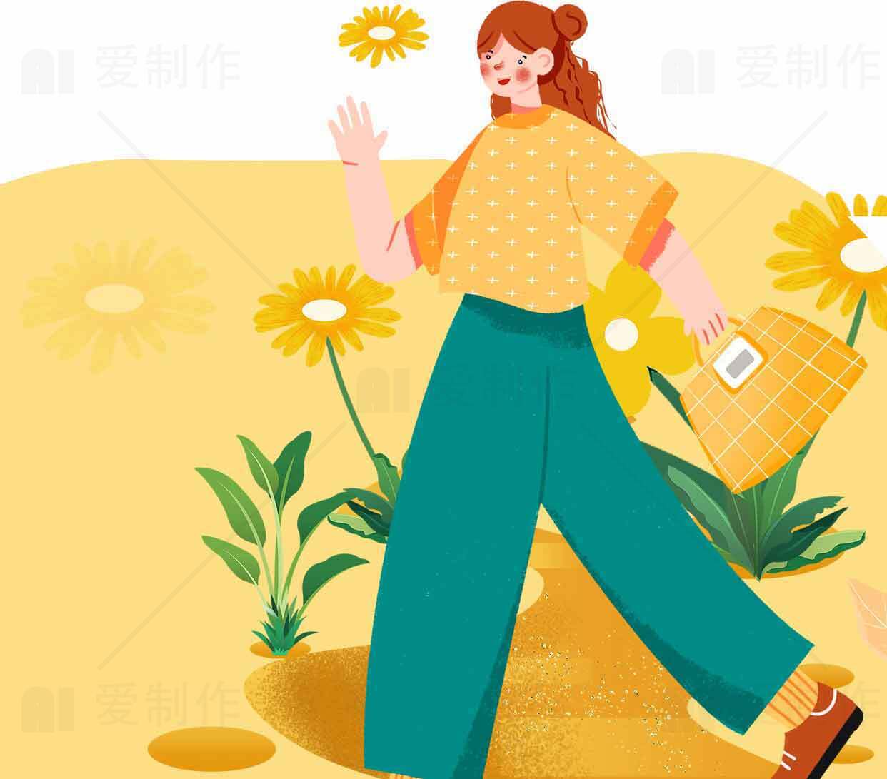 夏日田园风格插画：女孩与向日葵的清新漫步素材