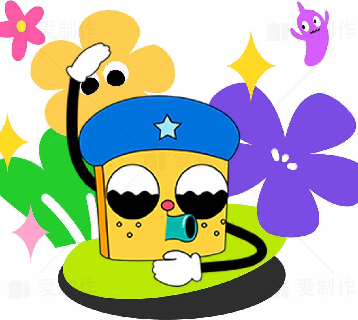 卡通警察角色与花朵背景插画设计素材