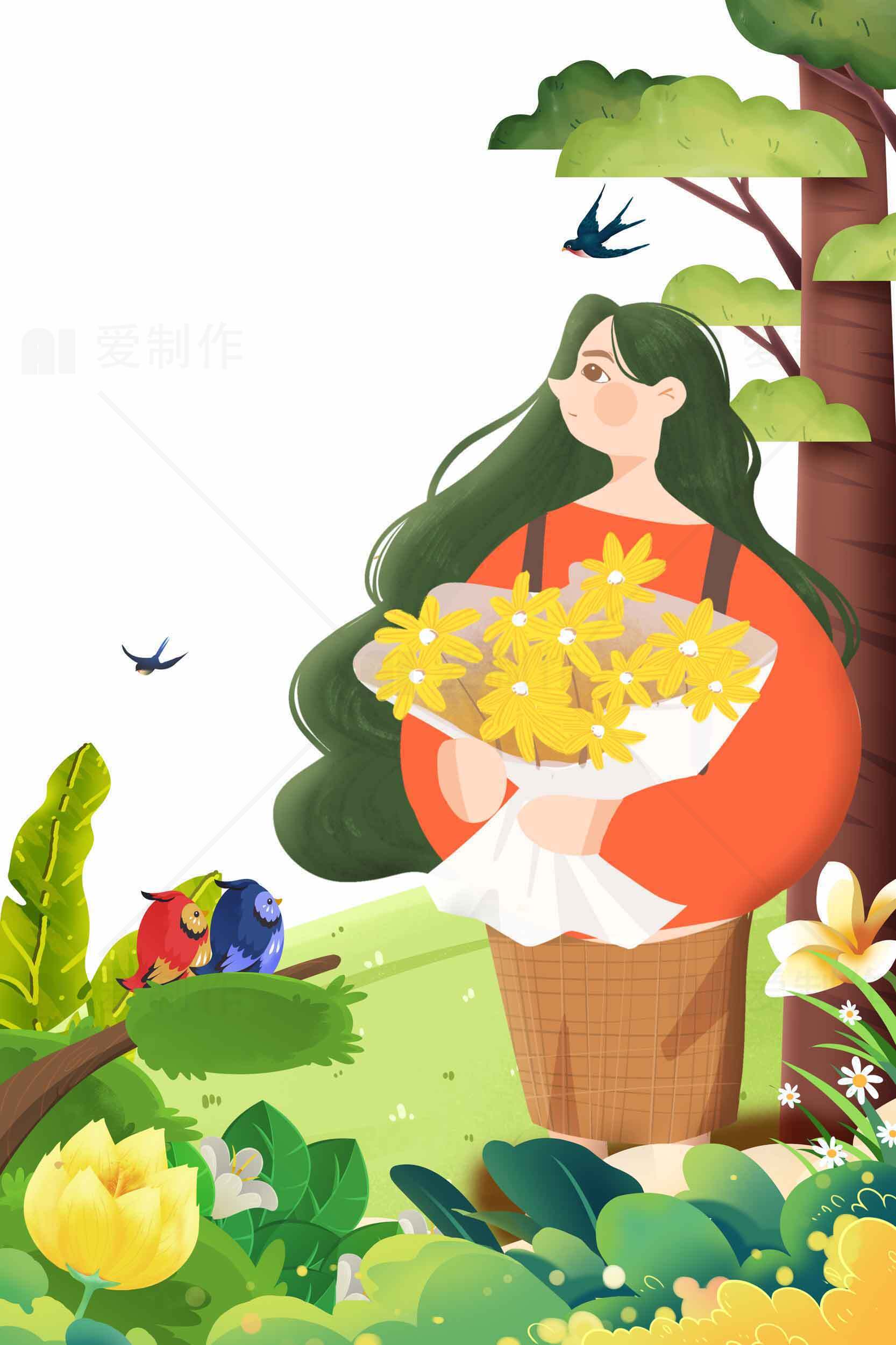 春日田园风插画：女孩与花束的自然之美素材