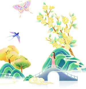 唯美中国风山水插画：春日桥上赏景