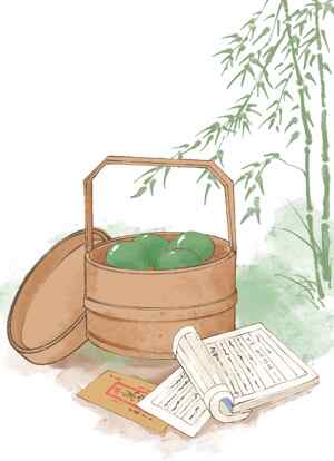 传统竹篮与青团插画设计